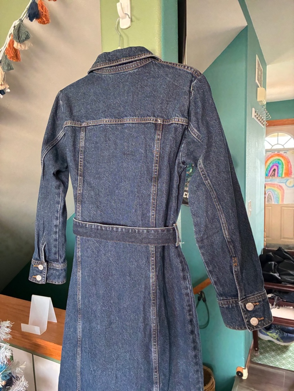Zara Dark Indigo Denim Button-Front Midi Dress with Belt - Picture 6 of 9